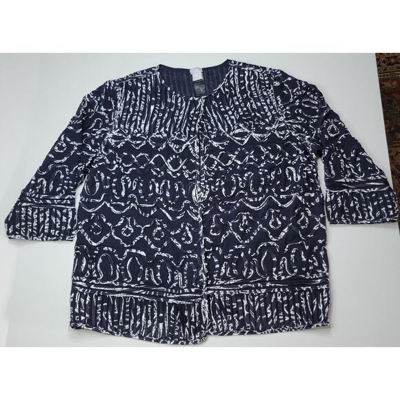 Chico's Travelers Navy Blue White 3/4 Sleeve Mesh Magnetic Jacket Cardigan Sz 3 - Picture 1 of 9